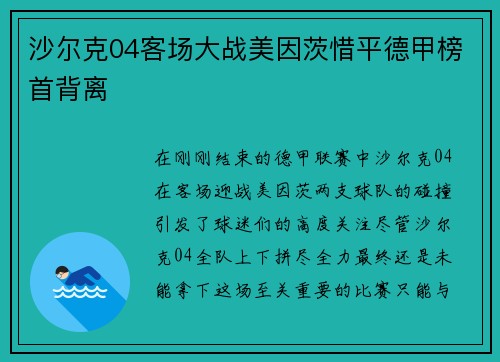 沙尔克04客场大战美因茨惜平德甲榜首背离